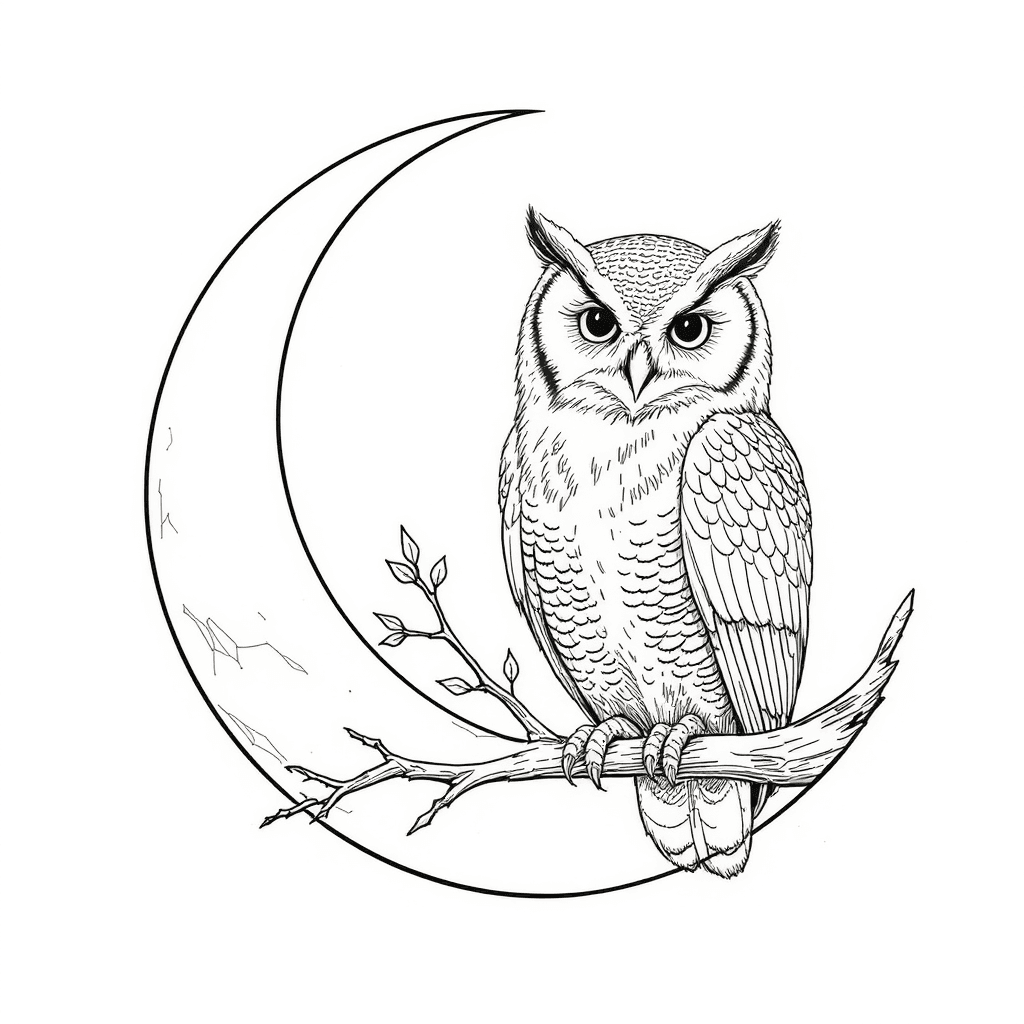 owl on a branch with crescent moon