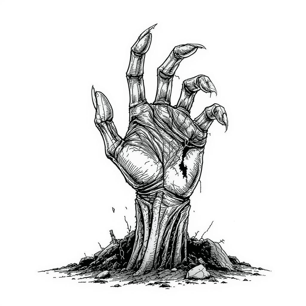 zombie hand rising from the ground