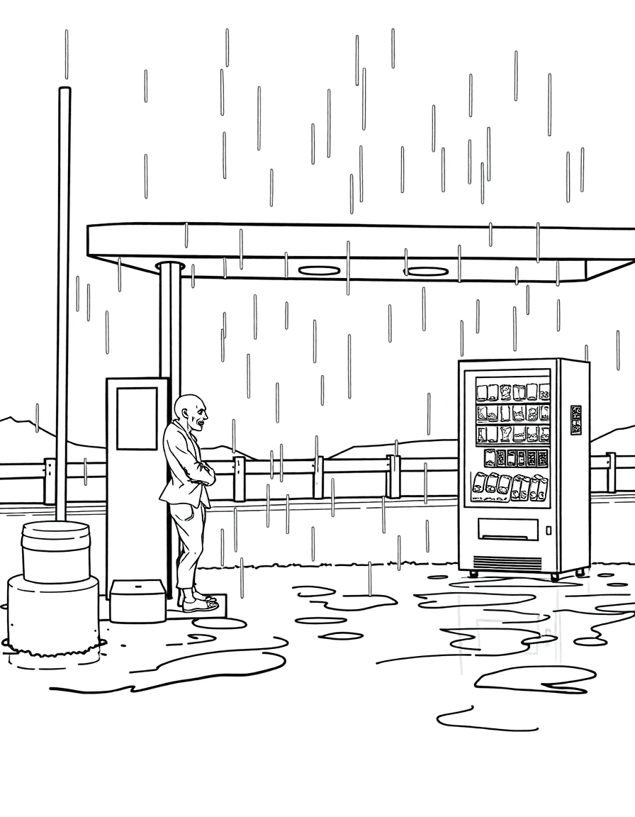 A rainy highway rest stop where a zombie leans on a vending machine and puddles mirror the lights.