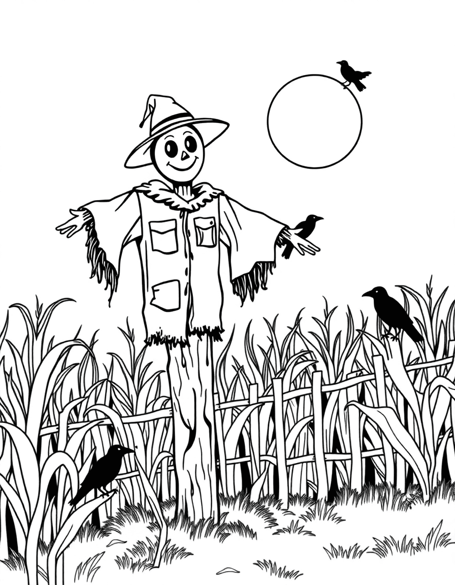 A moonlit cornfield where a scarecrow with patched clothes stands on a creaking post as crows gather on the fence.