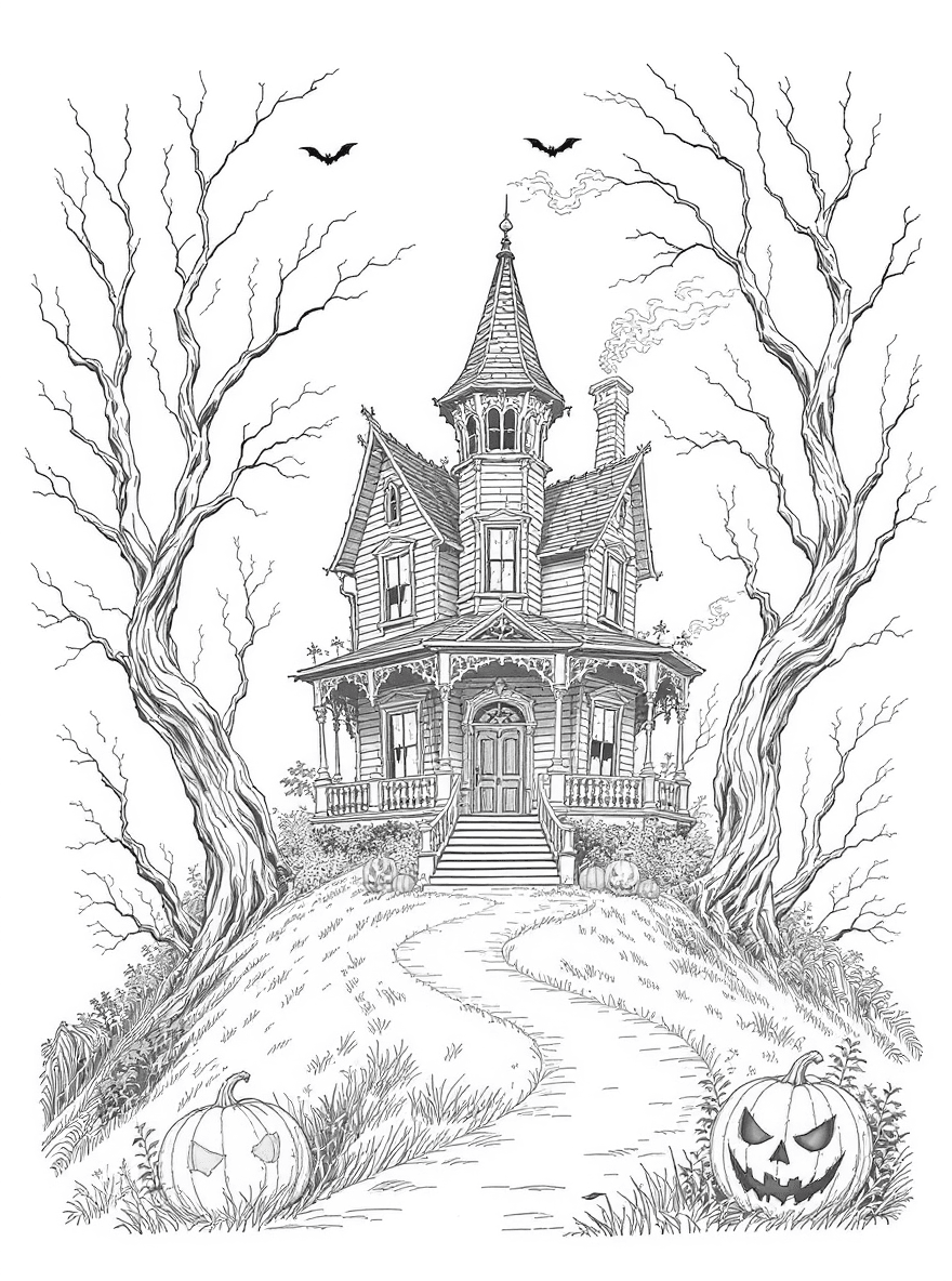 Haunted Victorian house on a hill with crooked trees and bats, glowing jack-o’-lanterns on the steps