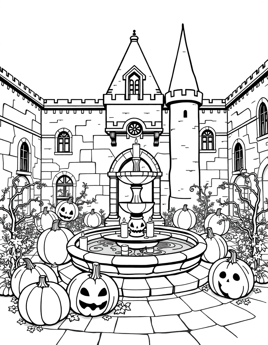 A castle courtyard where carved pumpkins ring a fountain and candles float in the basin.
