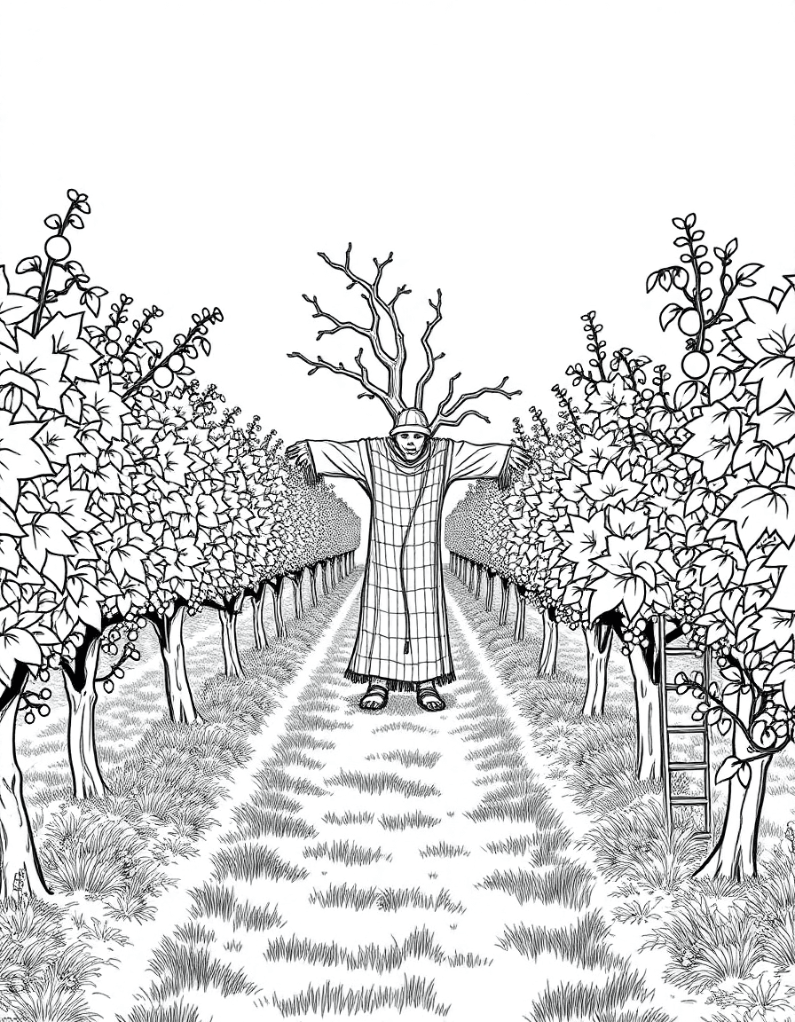 An abandoned orchard with ladders against trees and a scarecrow draped in netting between rows.