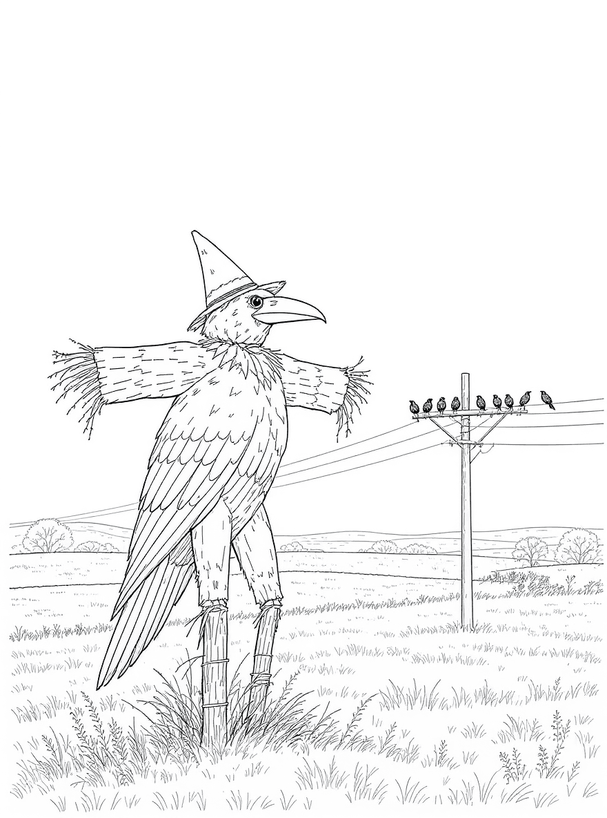 A scarecrow shaped like a giant crow facing real crows on telegraph wires at dawn.
