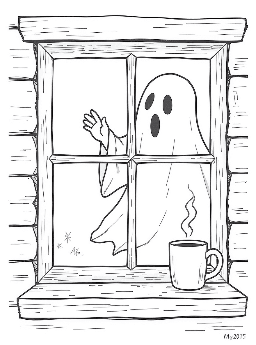A forest cabin window where a ghost draws a heart on the glass while hot cocoa steams on the sill.