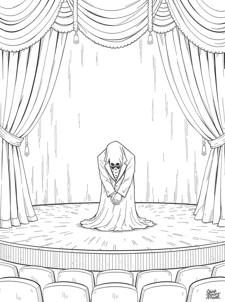 An abandoned theater stage where a ghost bows through red curtains toward rows of empty seats.