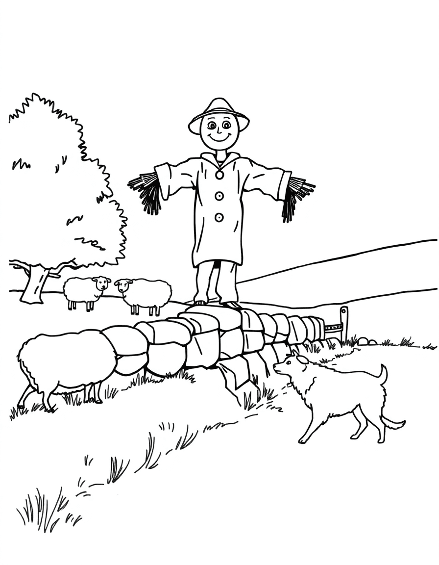 A scarecrow perched on a stone wall between pastures as sheep graze and a collie trots along.