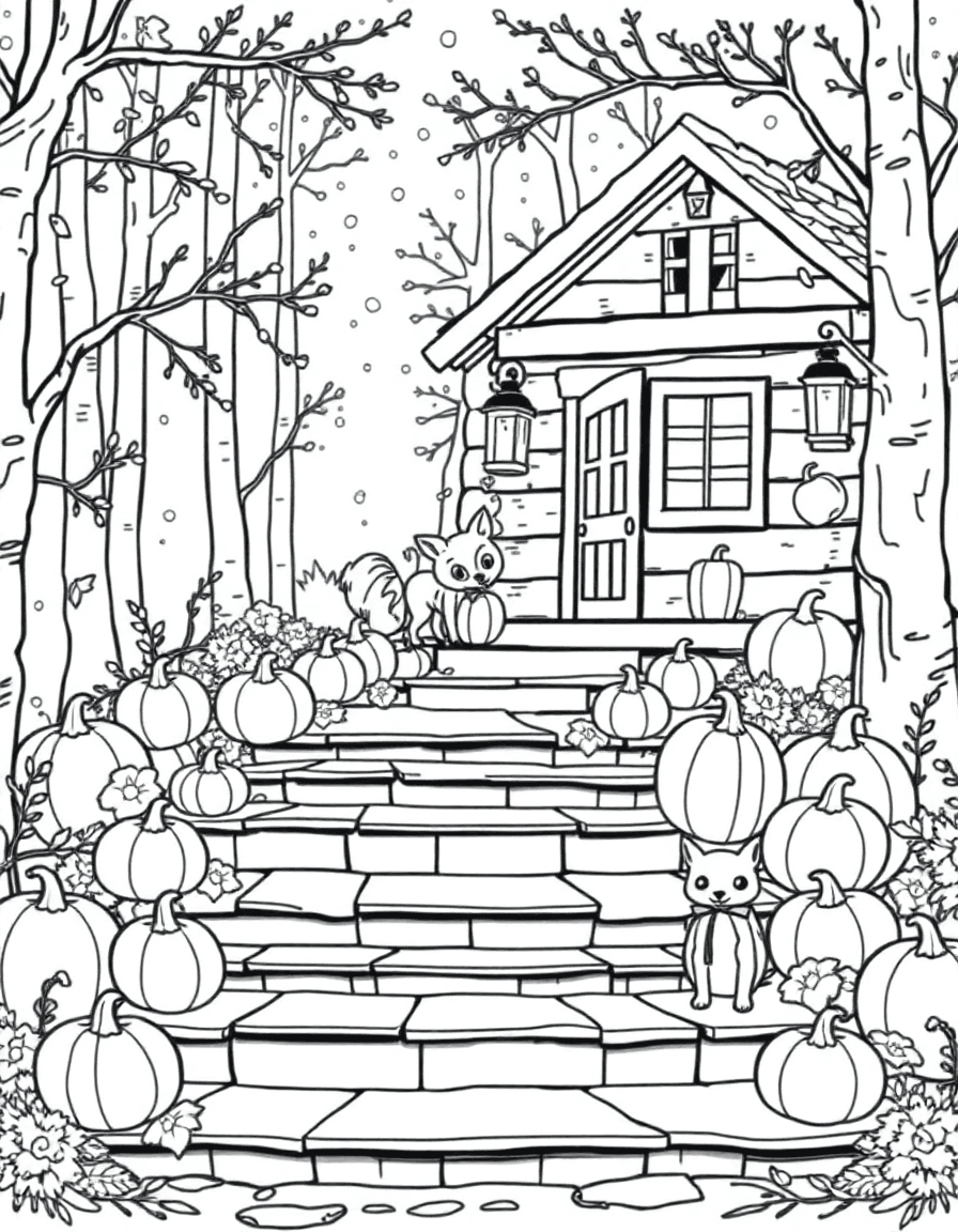 Steps of a forest cabin lined with lantern pumpkins while a fox peeks from under the stairs.