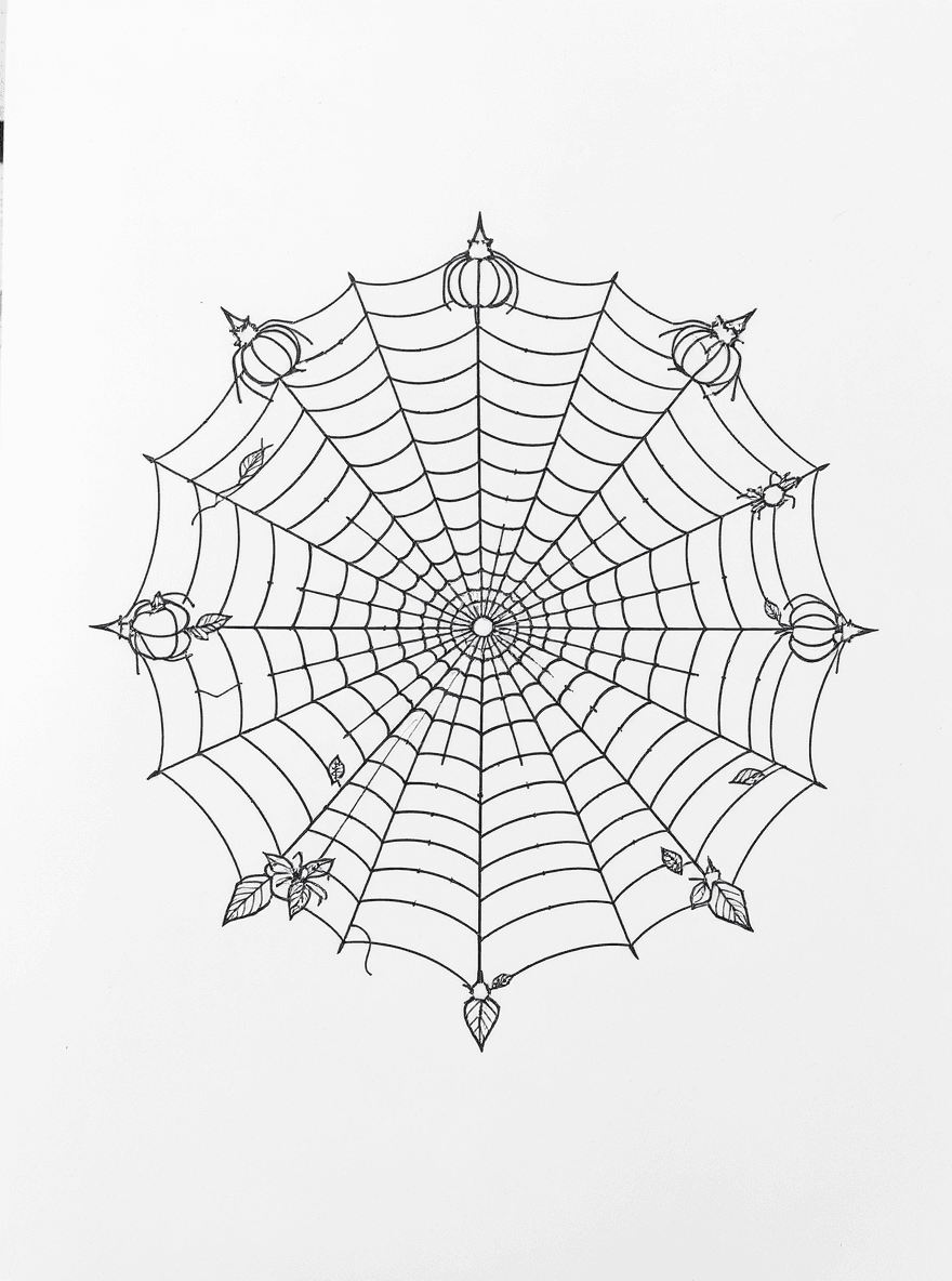 Spider web mandala with symmetrical pumpkins, leaves, tiny spiders at the edges
