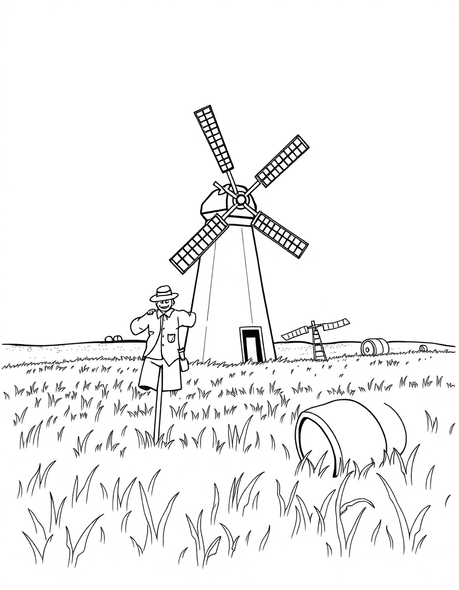 A windmill turning slowly behind a scarecrow in a barley field while hay bales dot the horizon.
