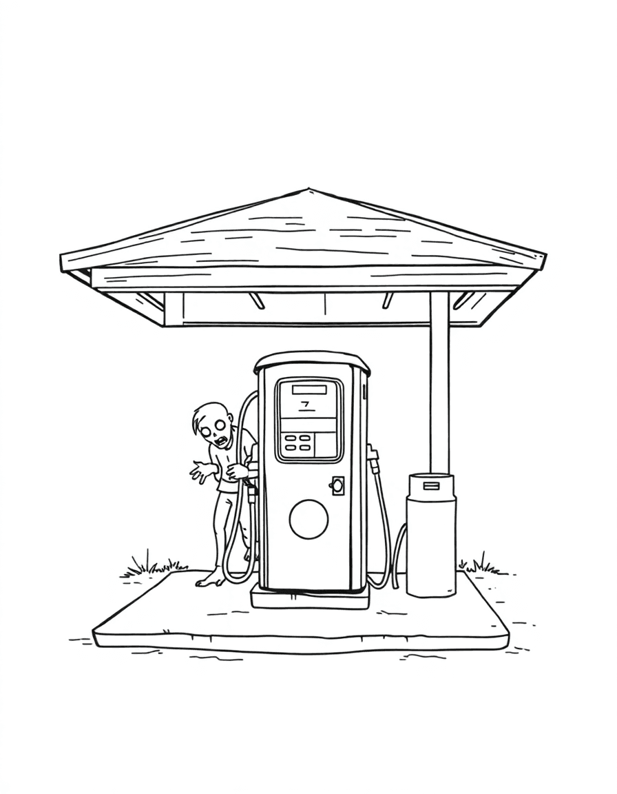A rural gas station where zombies circle an old pump and a door charm sways.