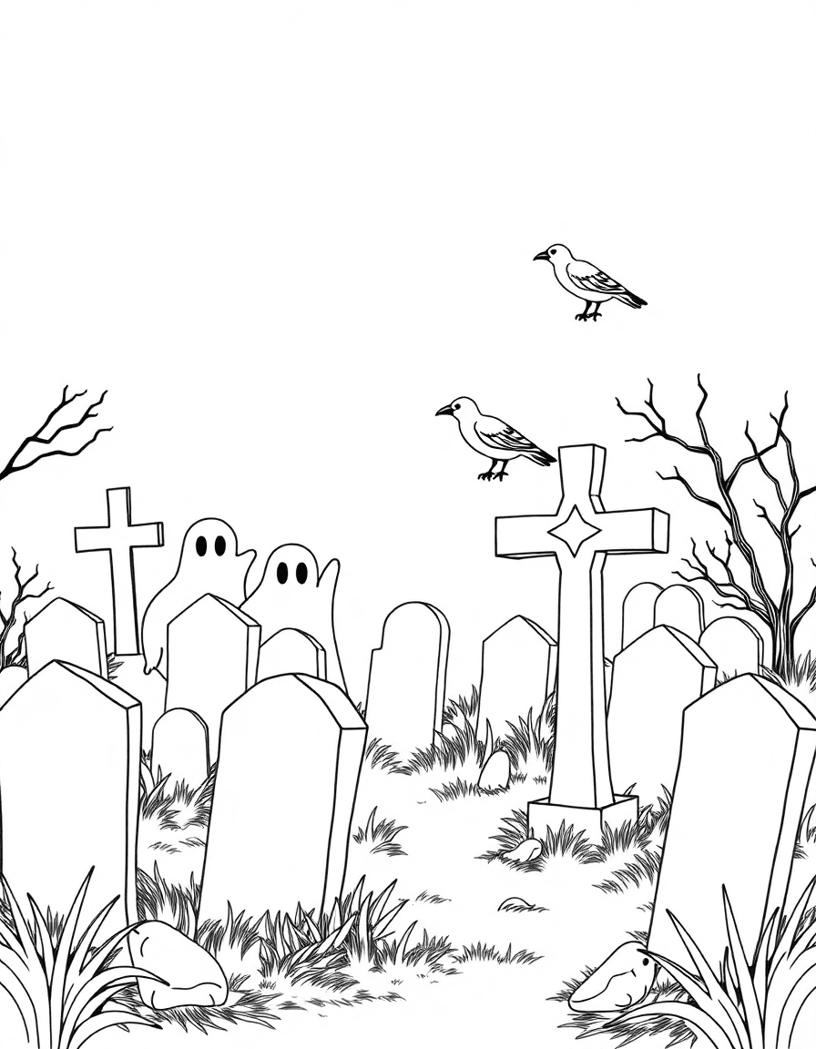 A misty graveyard where ghosts play hide-and-seek among headstones while a crow perches on a cross.