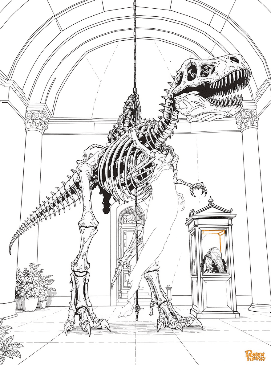 Beneath a dinosaur skeleton in a museum where a ghost mimics a T. rex pose and a guard booth glows faintly.