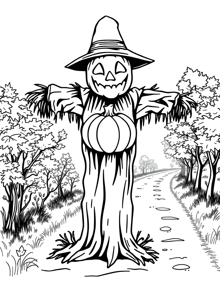 A scarecrow with a hollow pumpkin head glowing faintly beside a dirt lane lined with maples.