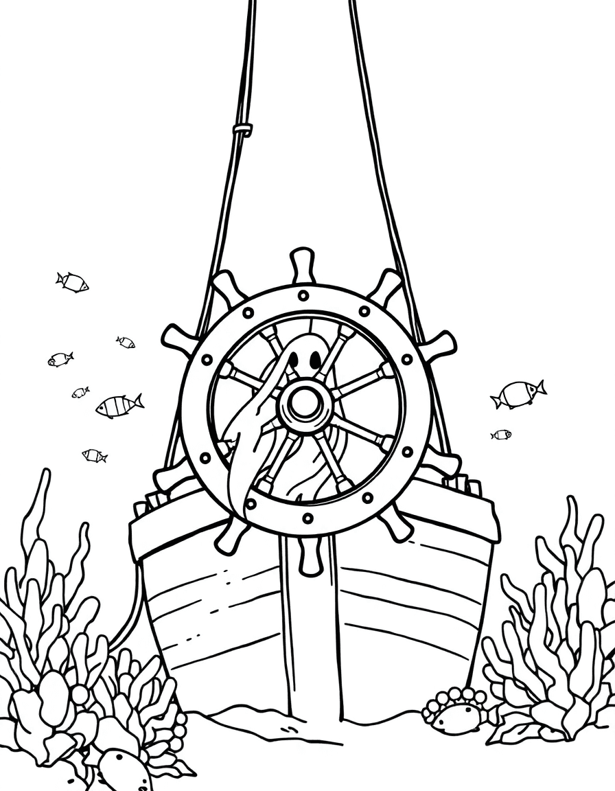 The helm of a sunken ship where a ghost drifts by the wheel as fish schools thread through beams.