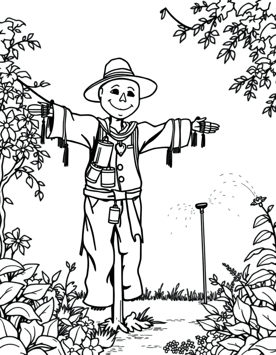 A scarecrow strung with tins and bells in a vegetable garden where sprinklers mist the air.