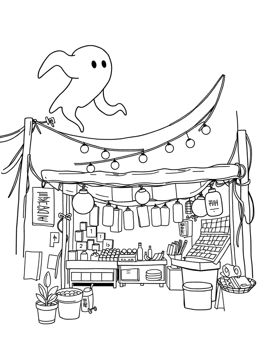 Above a night-market stall where a ghost billows the canopy and string lights sway.