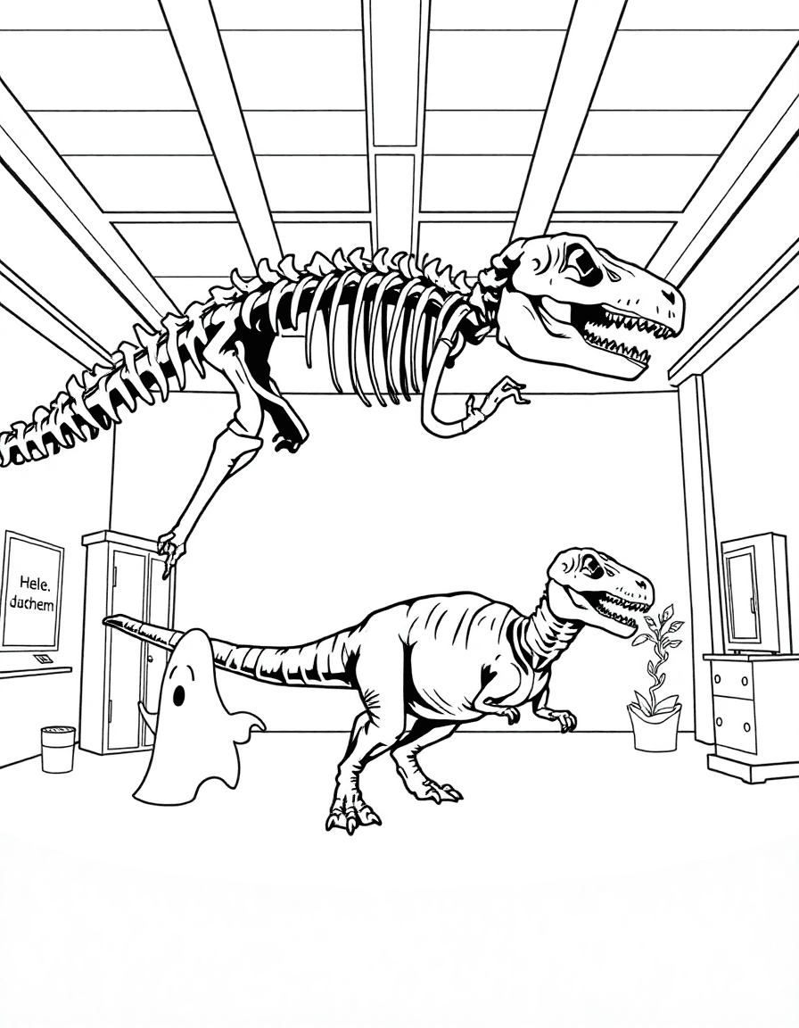 Beneath a dinosaur skeleton in a museum where a ghost mimics a T. rex pose and a guard booth glows faintly.