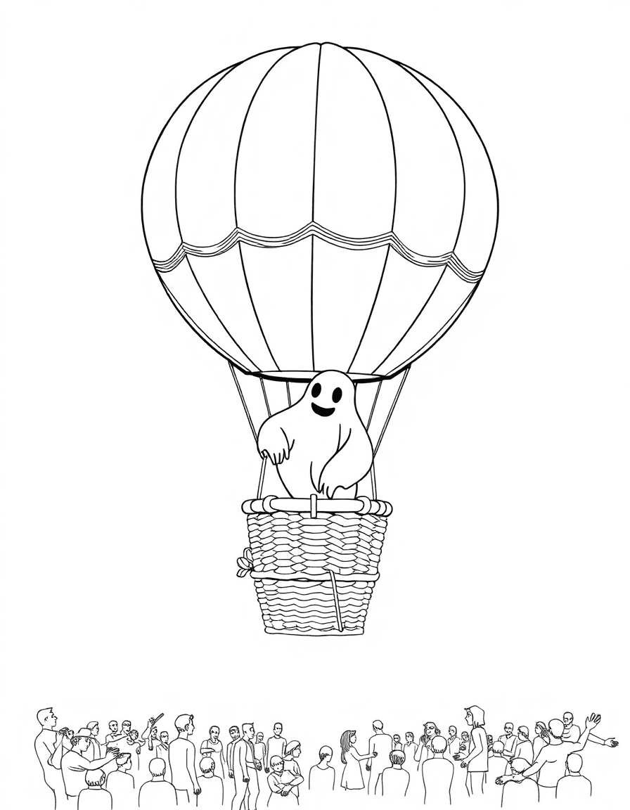 A hot-air balloon festival where a ghost leans over a basket to gaze down at tiny crowds.