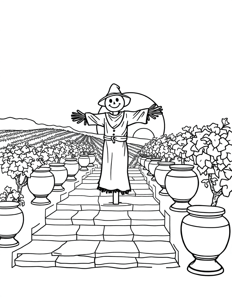 A scarecrow guarding a vineyard terrace at sunset with terracotta urns lining the steps.