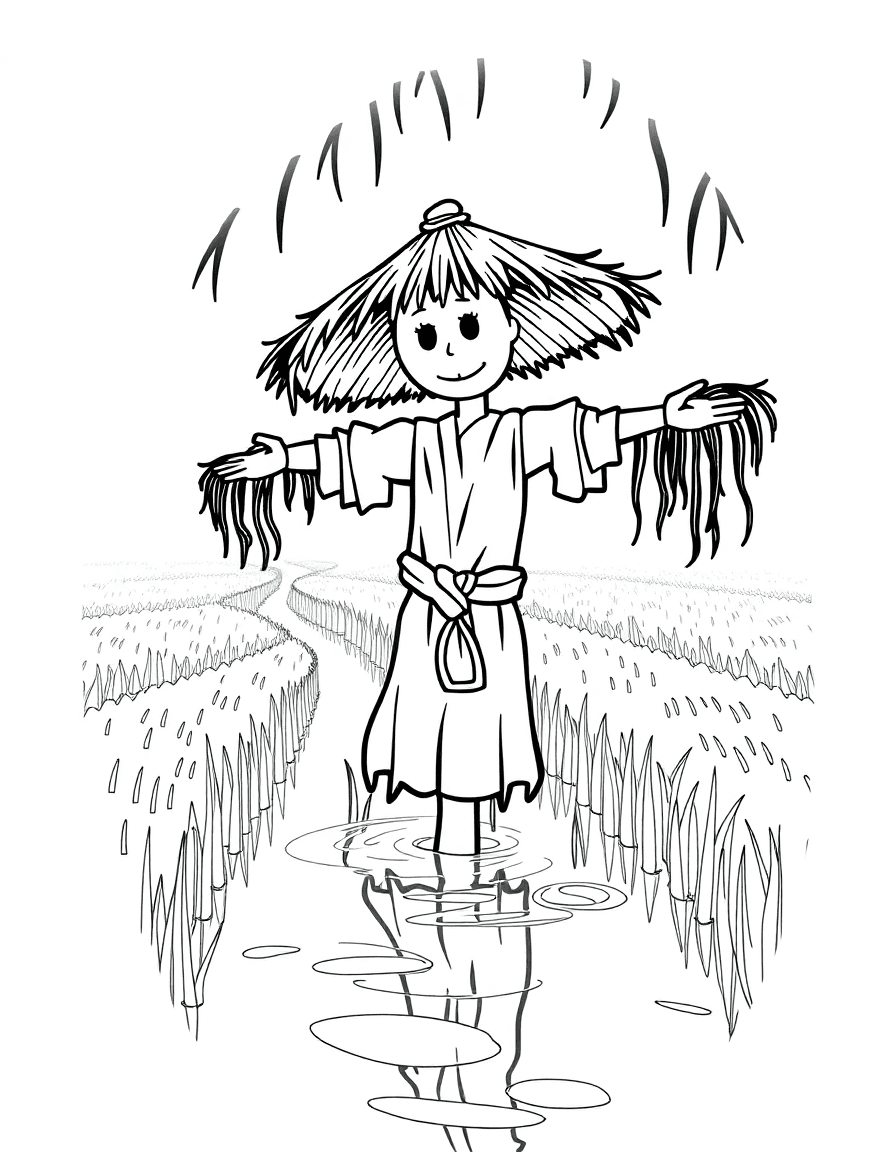 A foggy rice paddy with a straw-hat scarecrow reflected in narrow water channels.