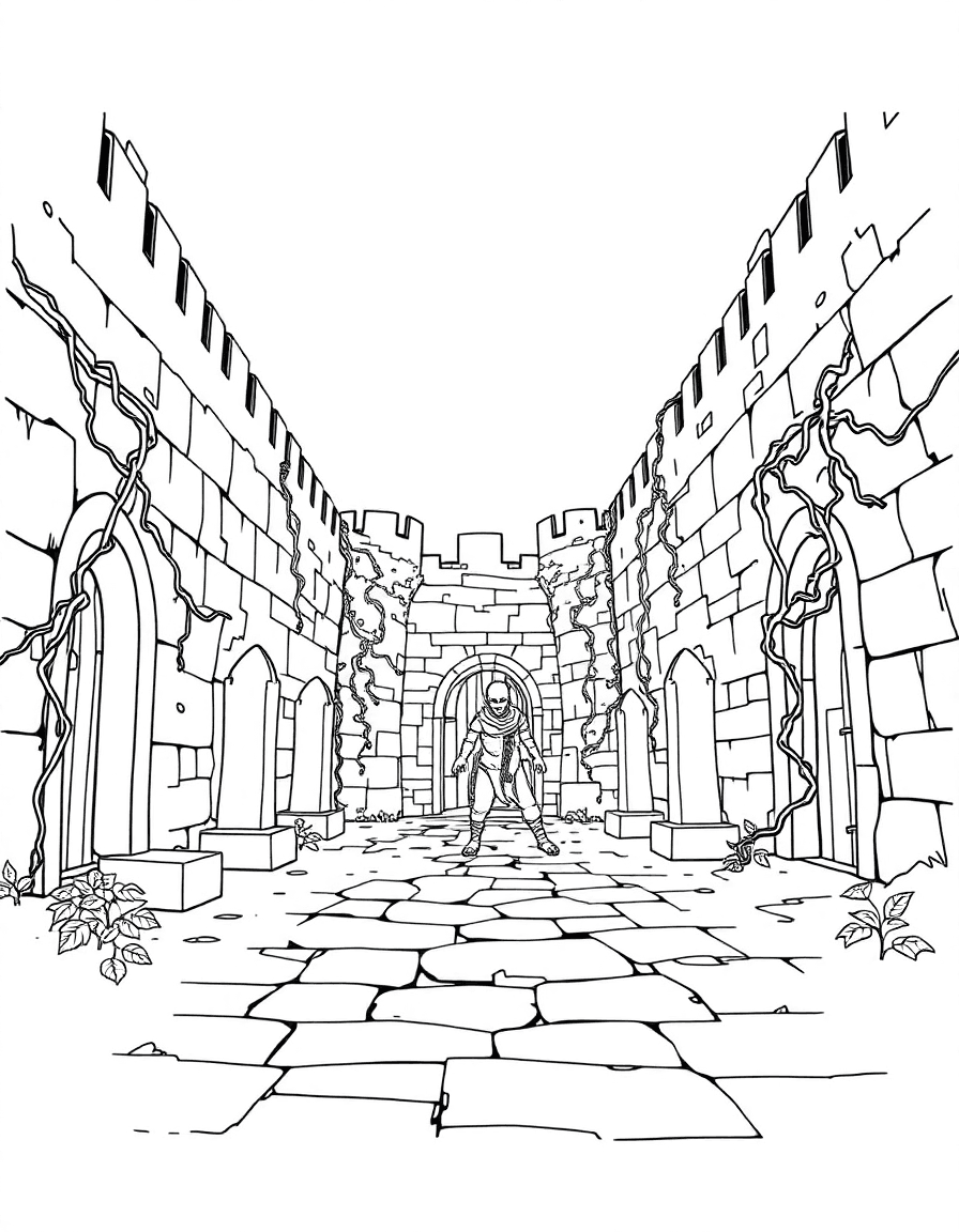 A castle courtyard where a zombie stands face-to-face with stone statues and vines climb the walls.