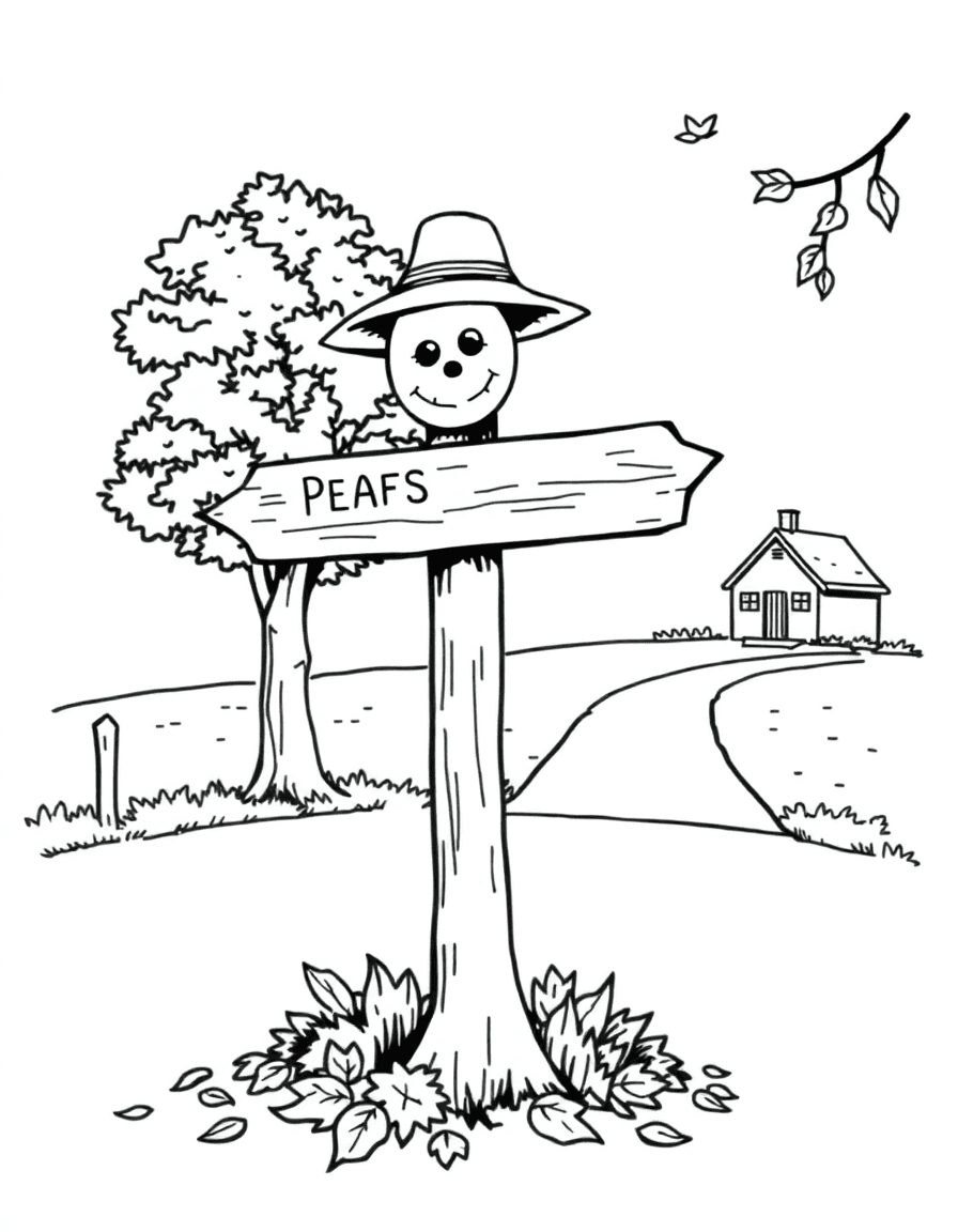 A country crossroads with a scarecrow signpost pointing to four villages and fallen leaves swirling.