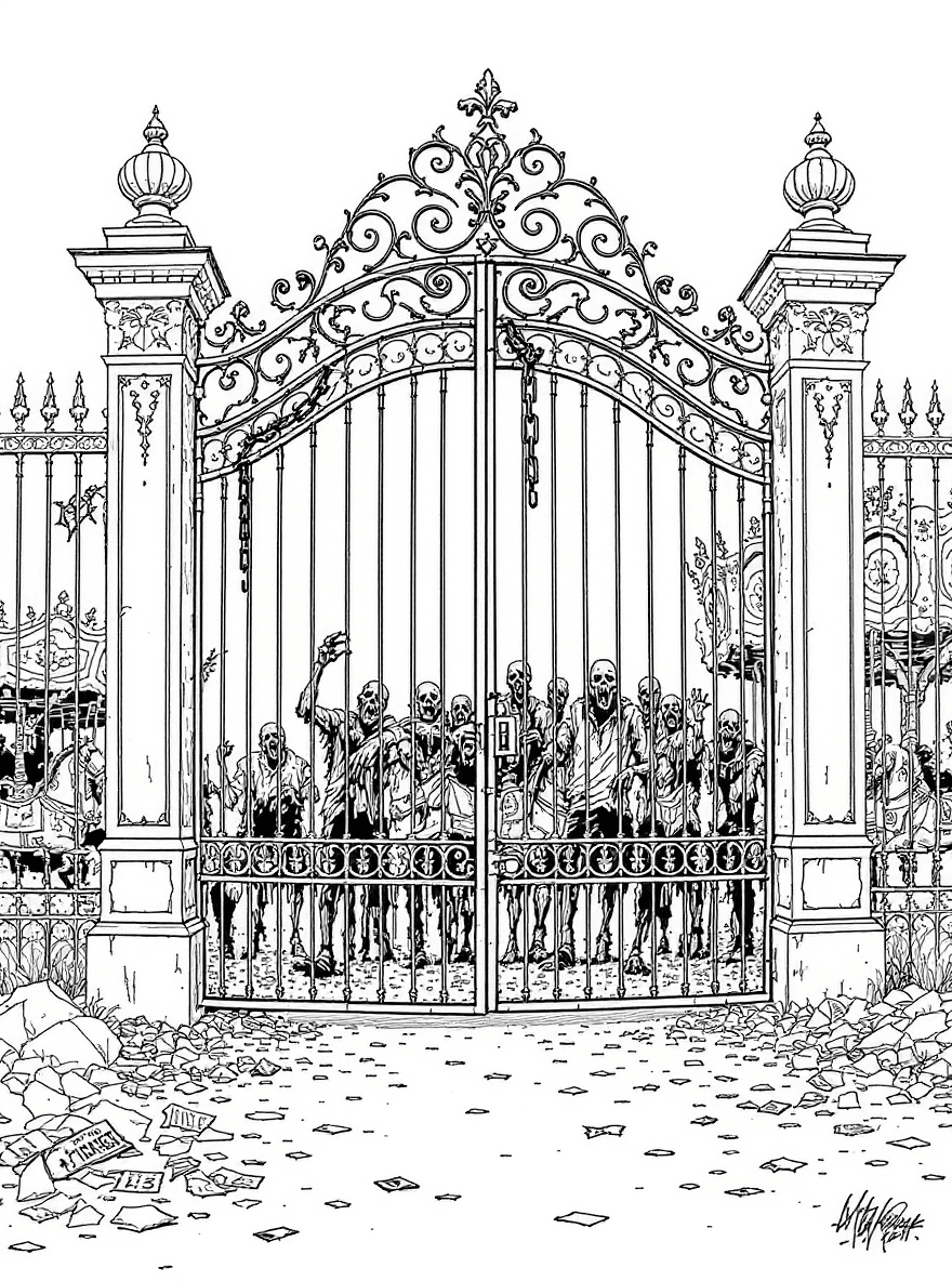 The gate of an abandoned amusement park where zombies shamble from behind the carousel and tickets litter the ground.