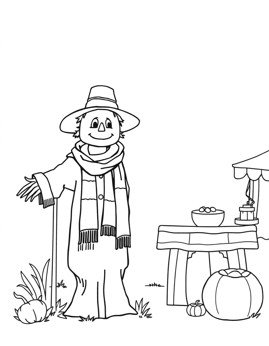 A scarecrow wrapped in colorful scarves at a village harvest fair beside a pie contest table.