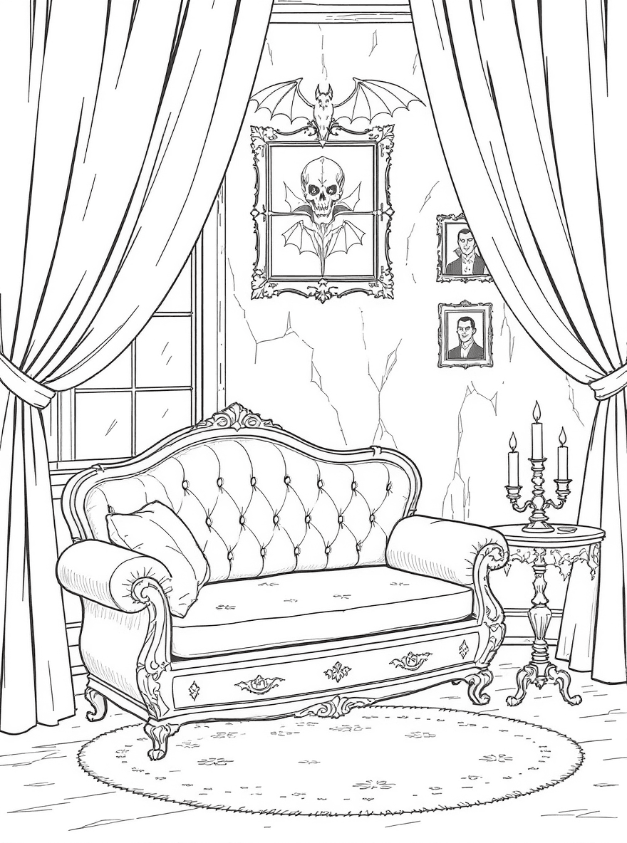 Vampire’s cozy parlor: coffin used as a couch, bat curtains, candelabra, framed portraits