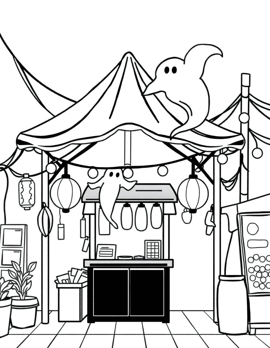 Above a night-market stall where a ghost billows the canopy and string lights sway.