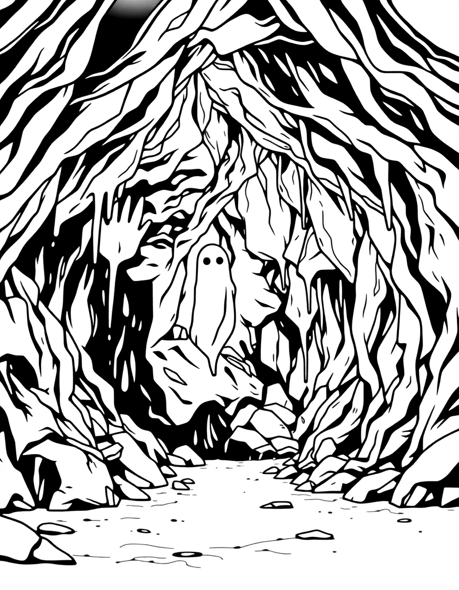 Deep inside a cave where a ghost illuminates ancient rock art and drips echo.