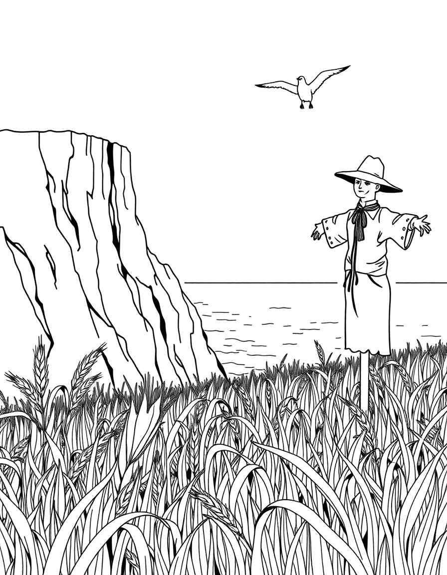A cliffside wheat field where a scarecrow leans toward the sea and gulls circle below.