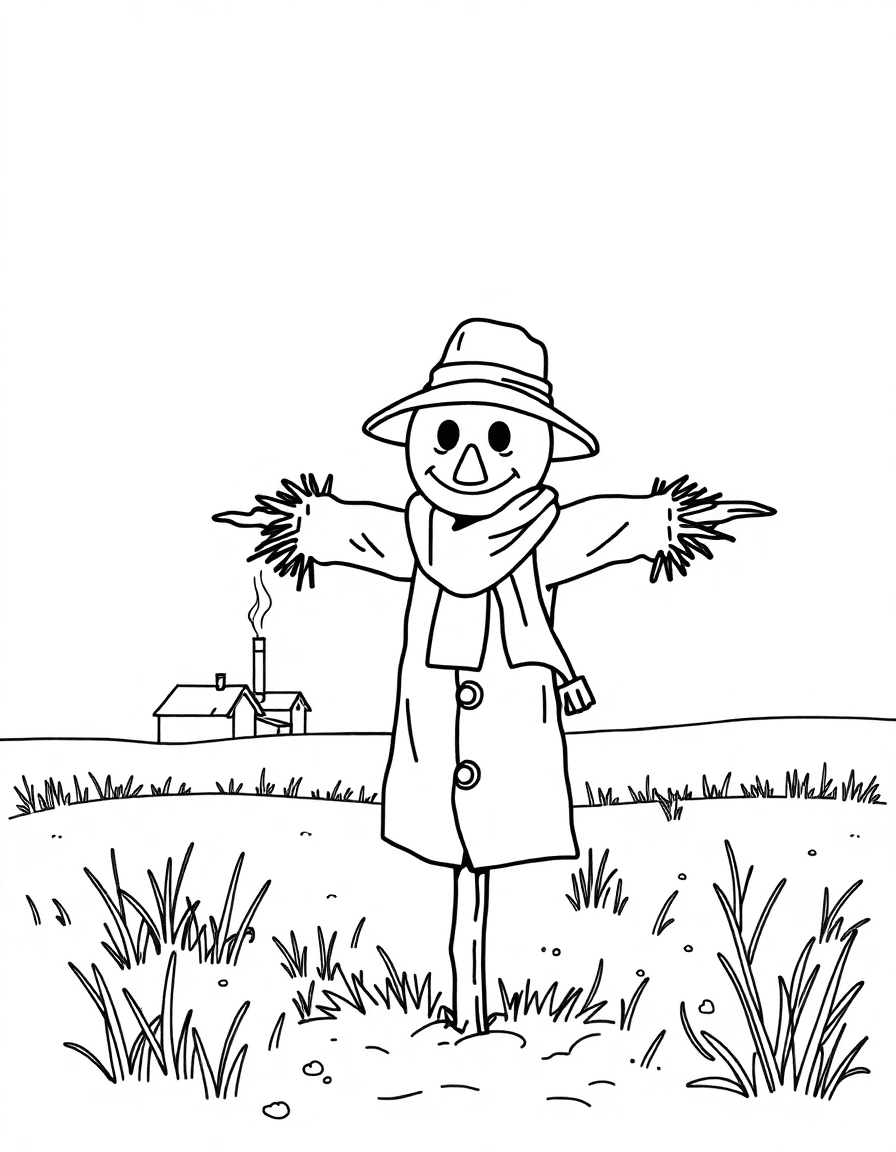 A scarecrow in a snow-dusted field wearing a scarf and bucket hat while smoke curls from chimneys.