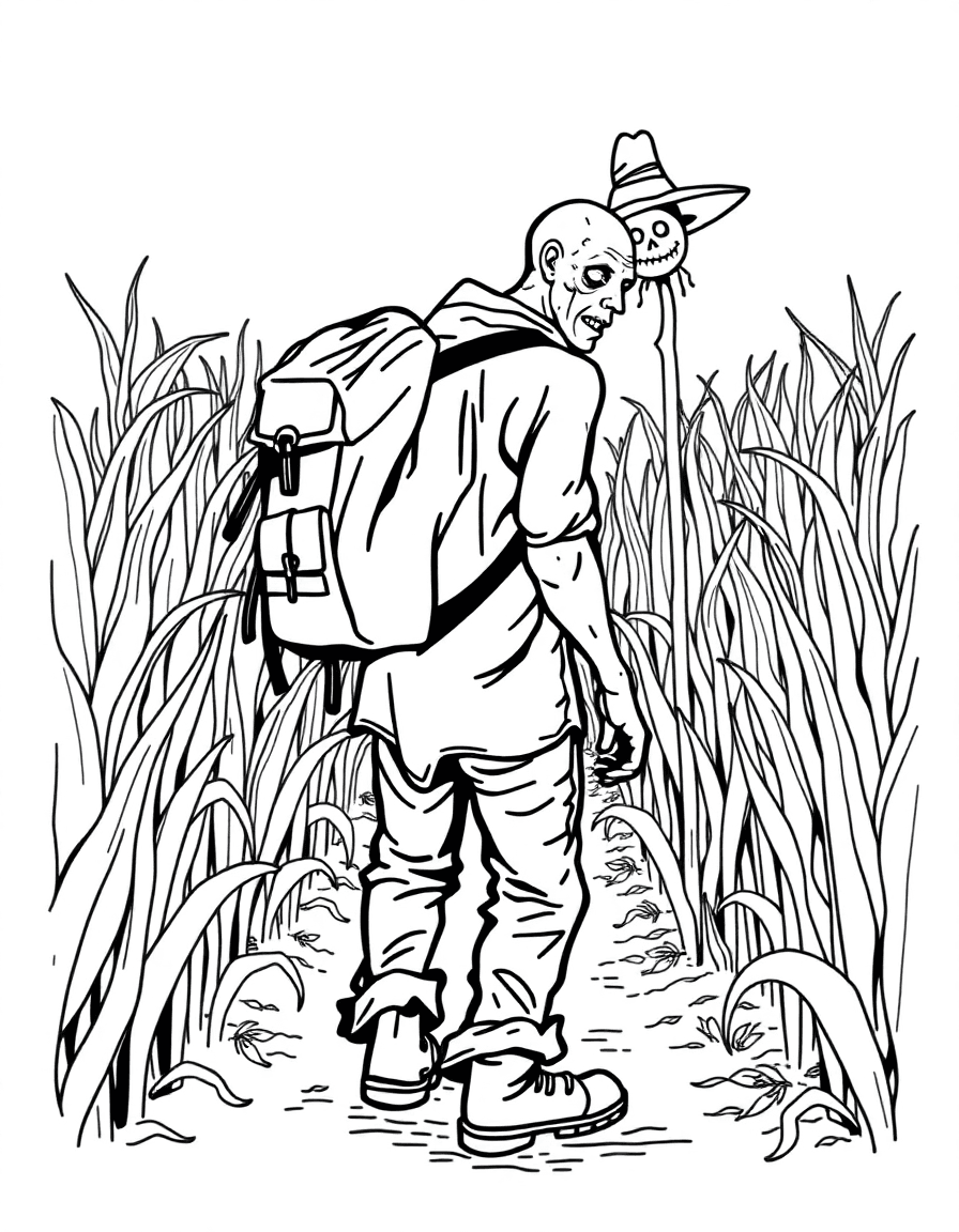 A narrow path through a cornfield where a zombie with a torn backpack trudges by while a scarecrow watches from afar.