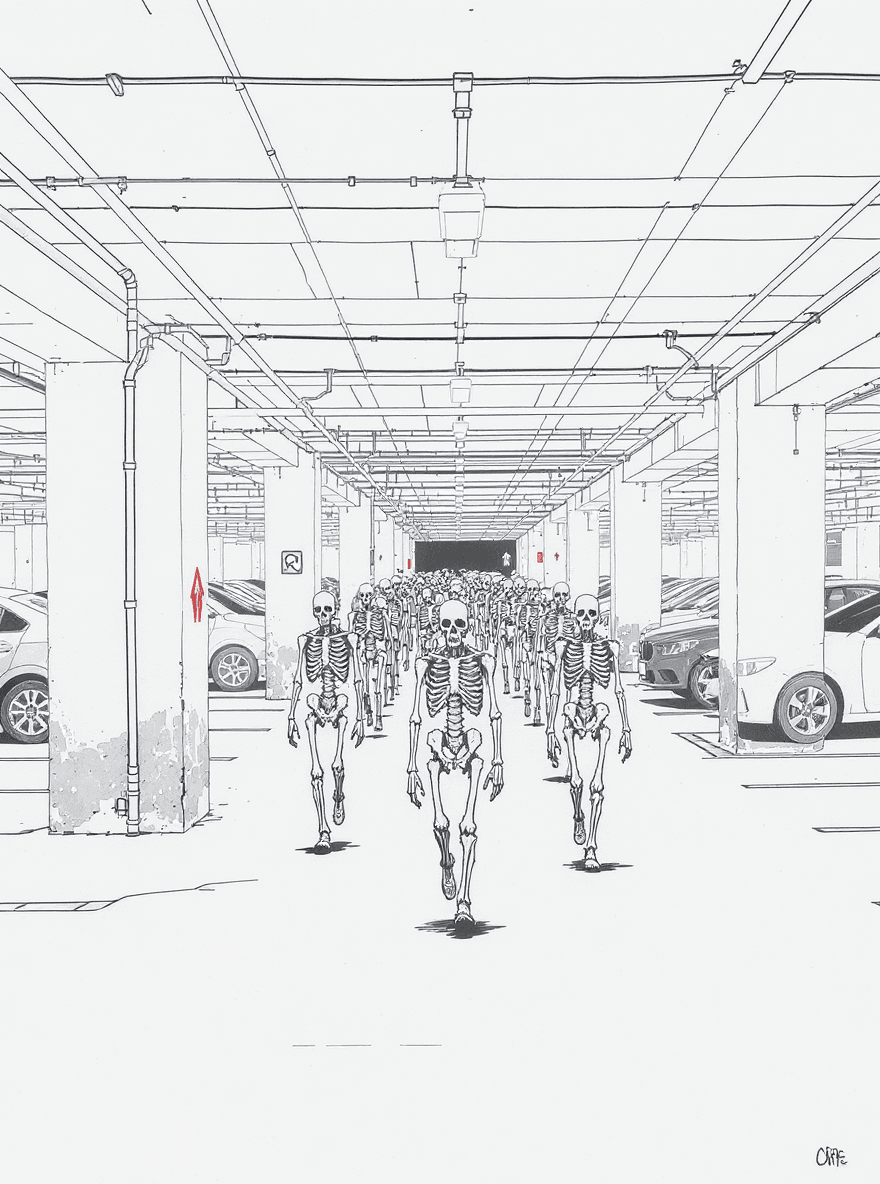 An underground parking garage where zombies move under blinking arrows and car alarms chirp occasionally.