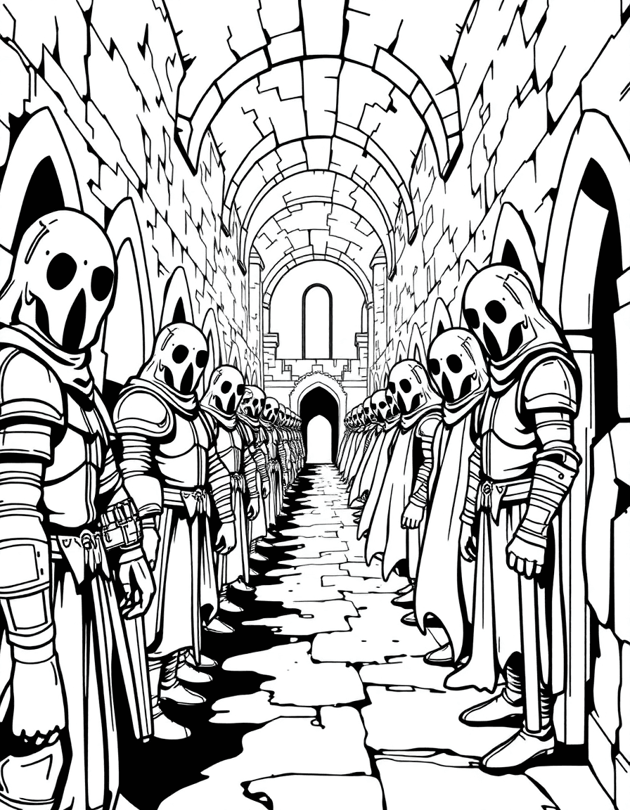 A castle’s long corridor where a procession of ghosts glides past suits of armor and painted eyes seem to follow.
