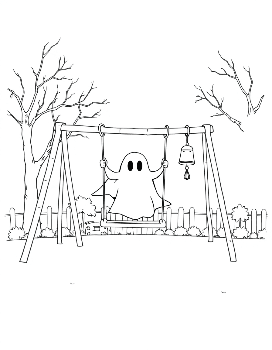 An elementary playground where a ghost pushes an empty swing and a chime hangs from the slide.