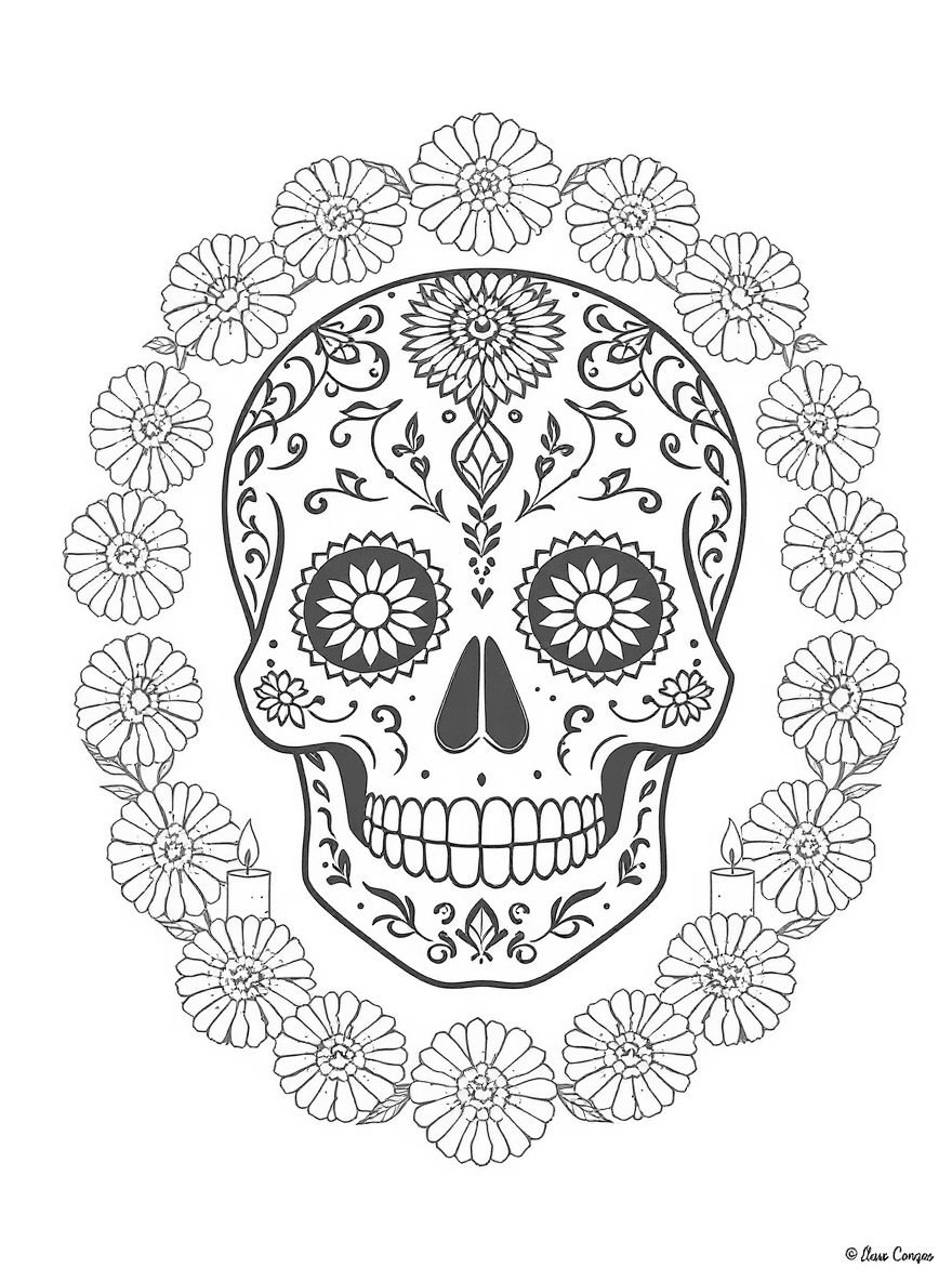 Day-of-the-Dead inspired sugar skull with flowers, marigold wreath, candles