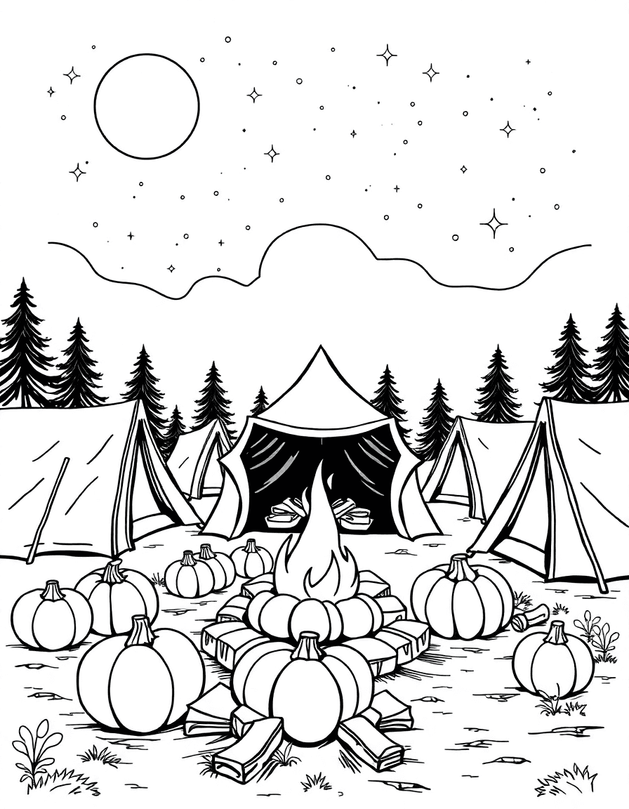 A campsite where pumpkin slices roast by the fire under a starry sky and tents stand in rows.