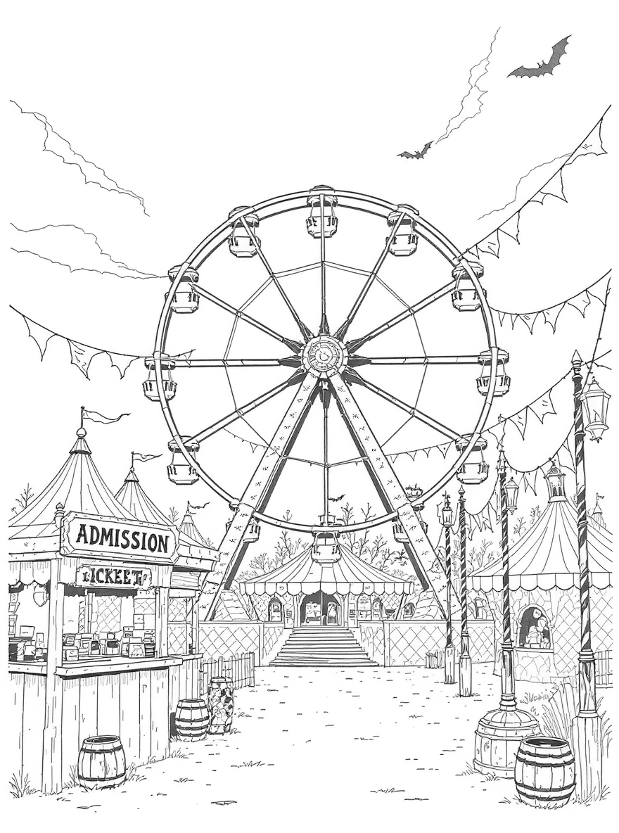 Spooky carnival: Ferris wheel, ticket booth, striped tents, lanterns, banners fluttering