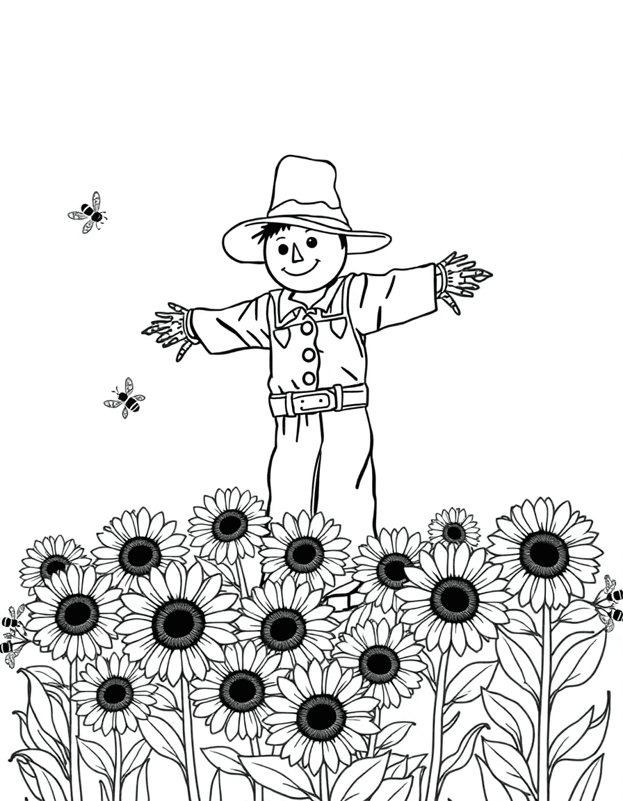 A scarecrow in a sunflower meadow towering above blossoms with bees drifting by.