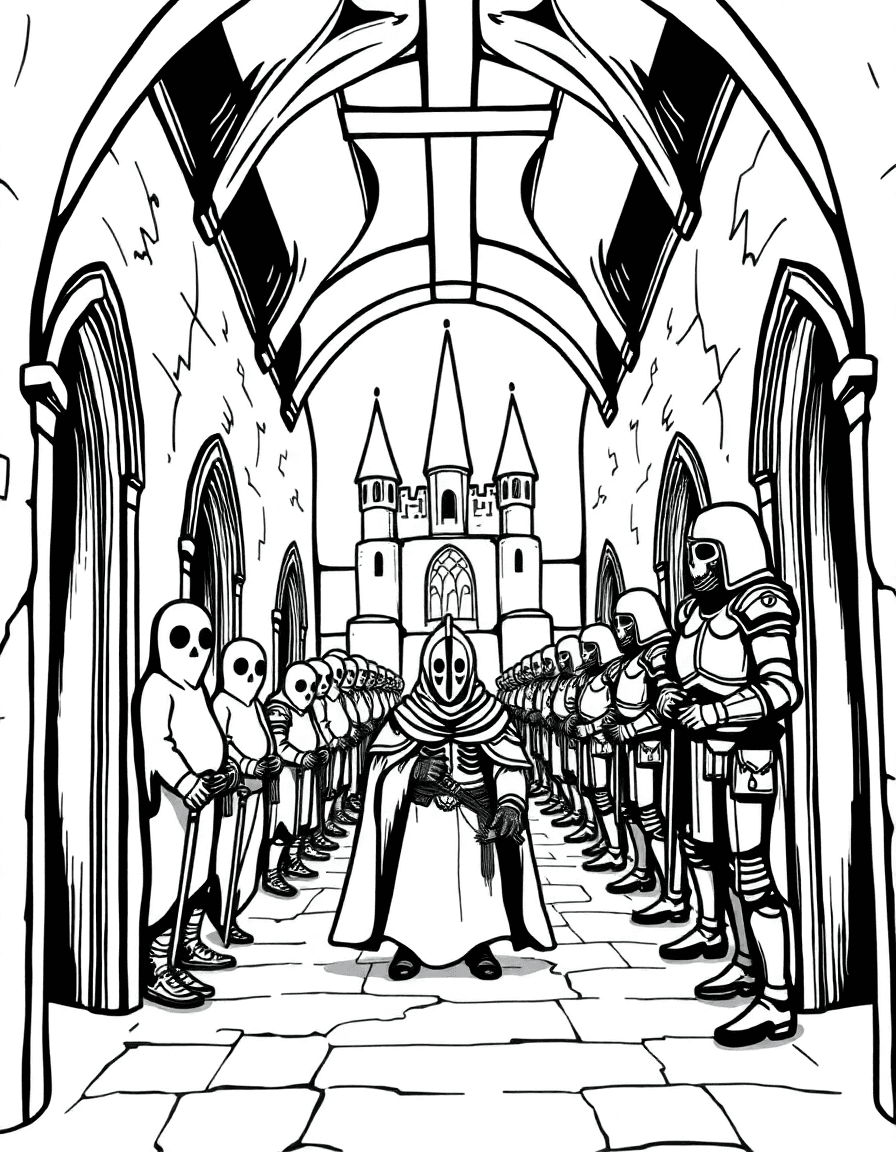 A castle’s long corridor where a procession of ghosts glides past suits of armor and painted eyes seem to follow.
