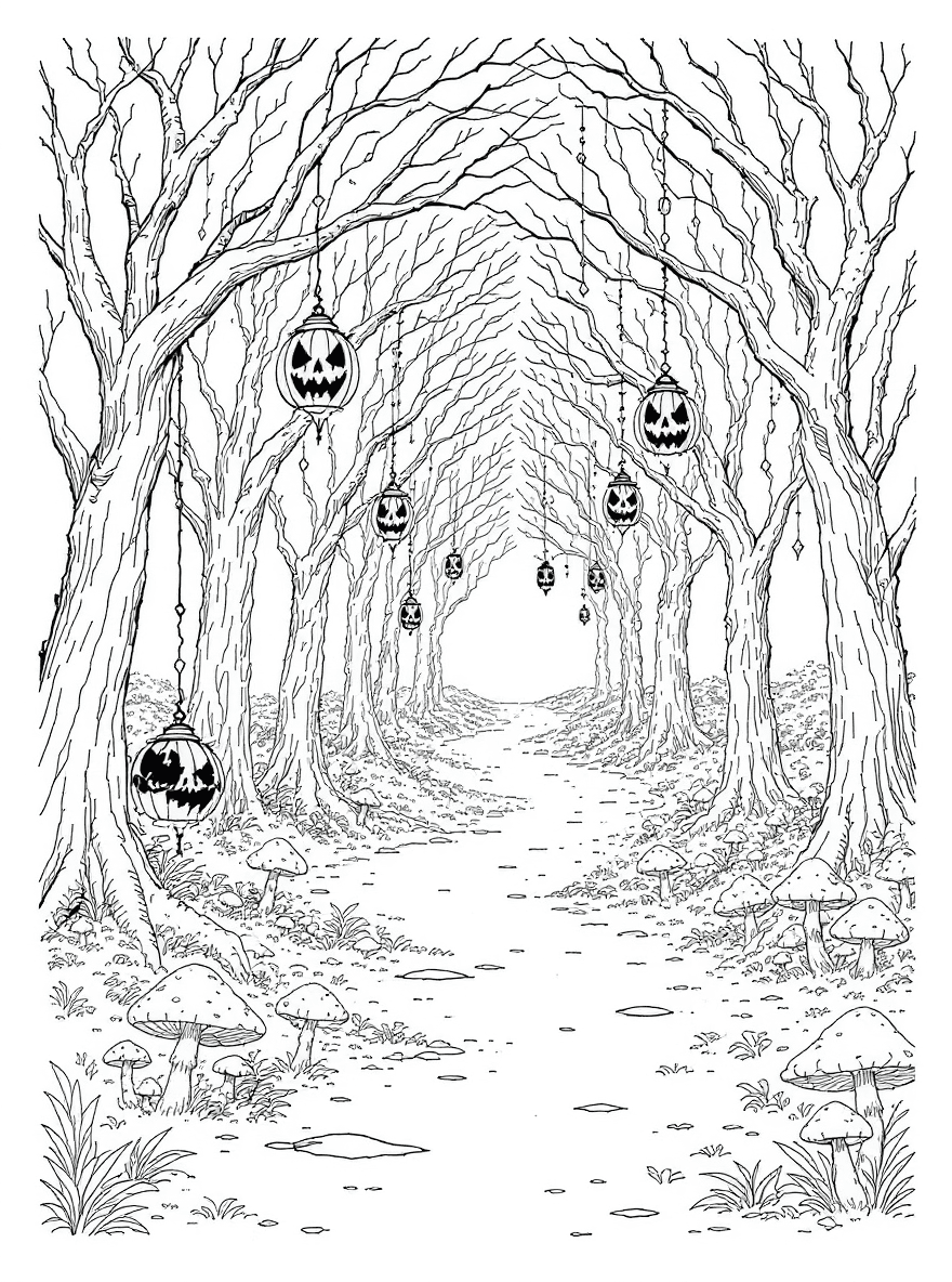 Haunted forest path with jack-o’-lantern lanterns, mushrooms, twisted roots, tiny fairylights