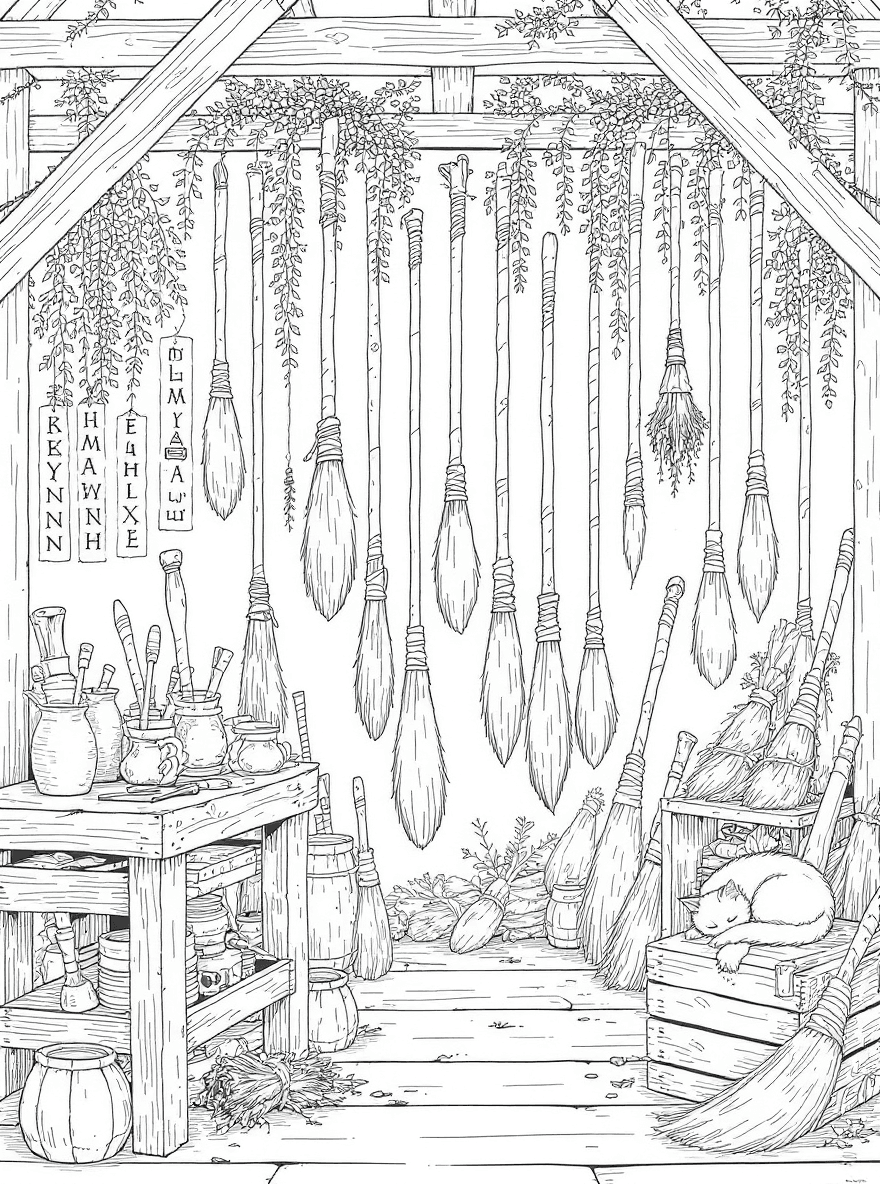 Magic broom workshop: racks of brooms, tool bench, rune tags, hanging herbs, sleeping cat