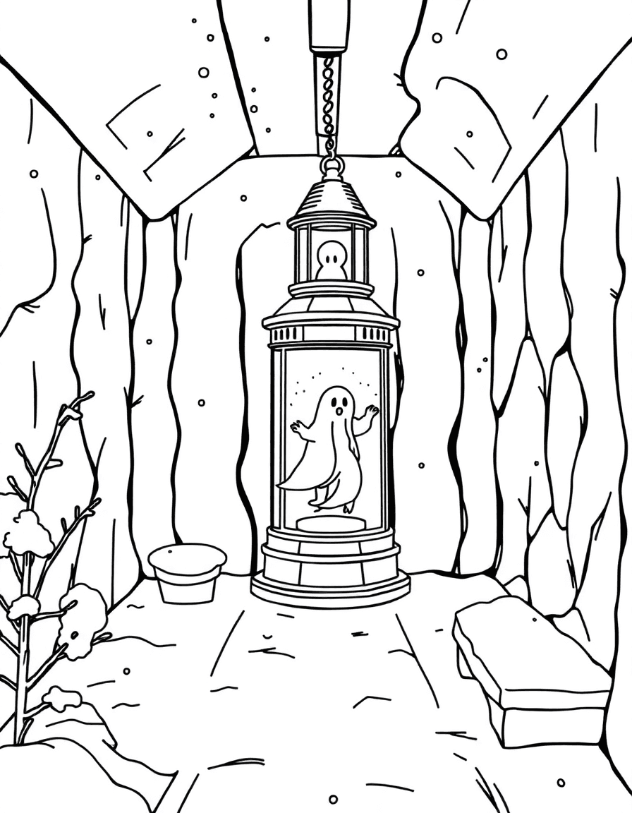 A snowy lighthouse lantern room where a ghost circles the light guiding a distant boat.