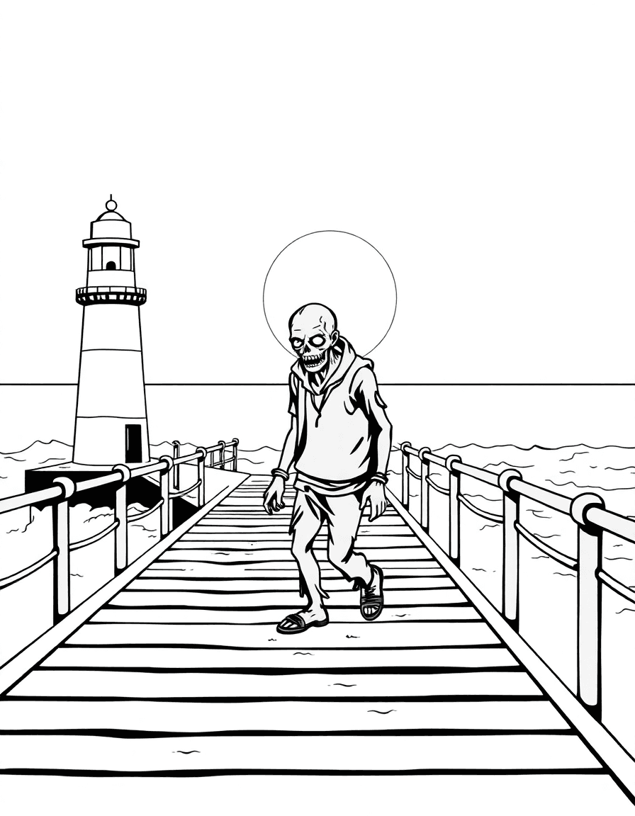 A seaside boardwalk at sunrise where a zombie trudges toward a lighthouse as waves crash.