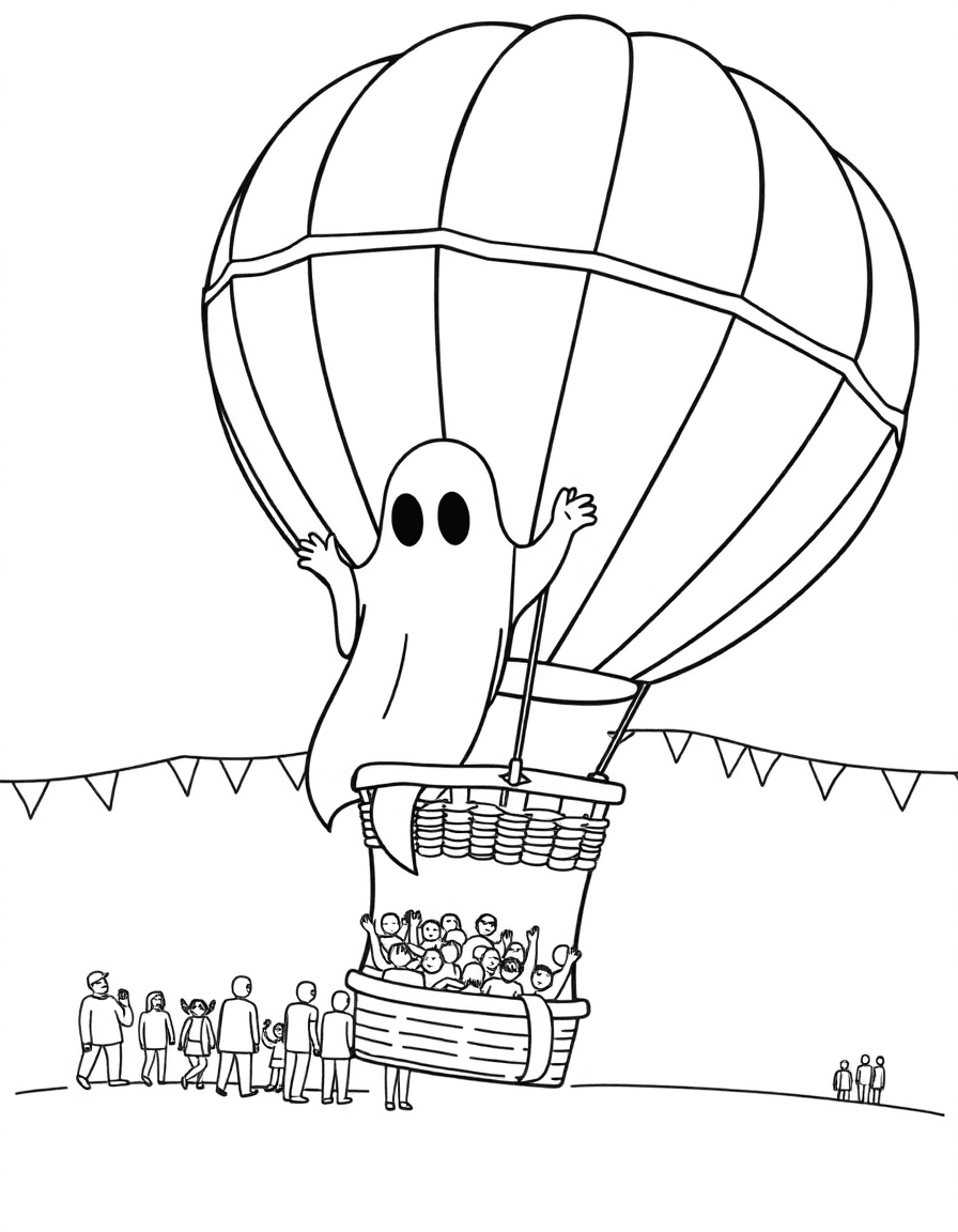 A hot-air balloon festival where a ghost leans over a basket to gaze down at tiny crowds.