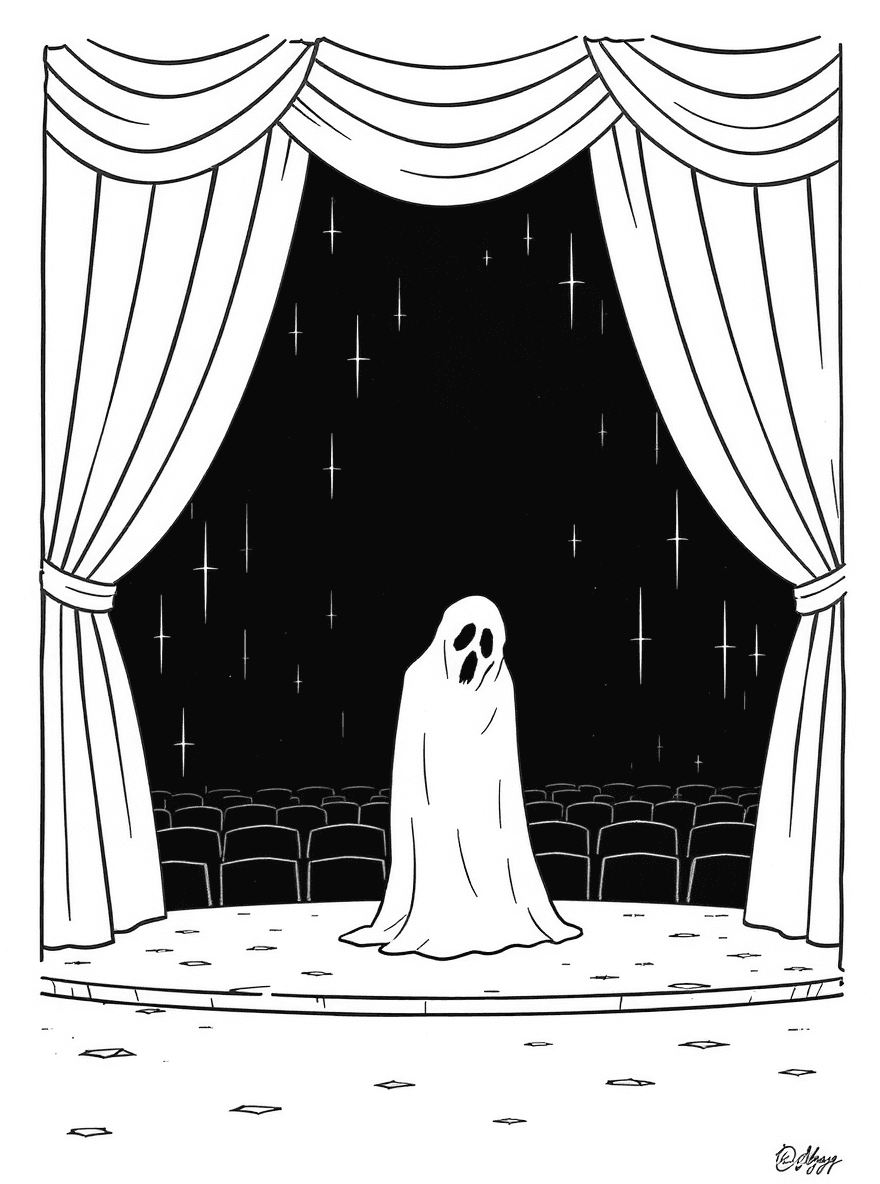 An abandoned theater stage where a ghost bows through red curtains toward rows of empty seats.