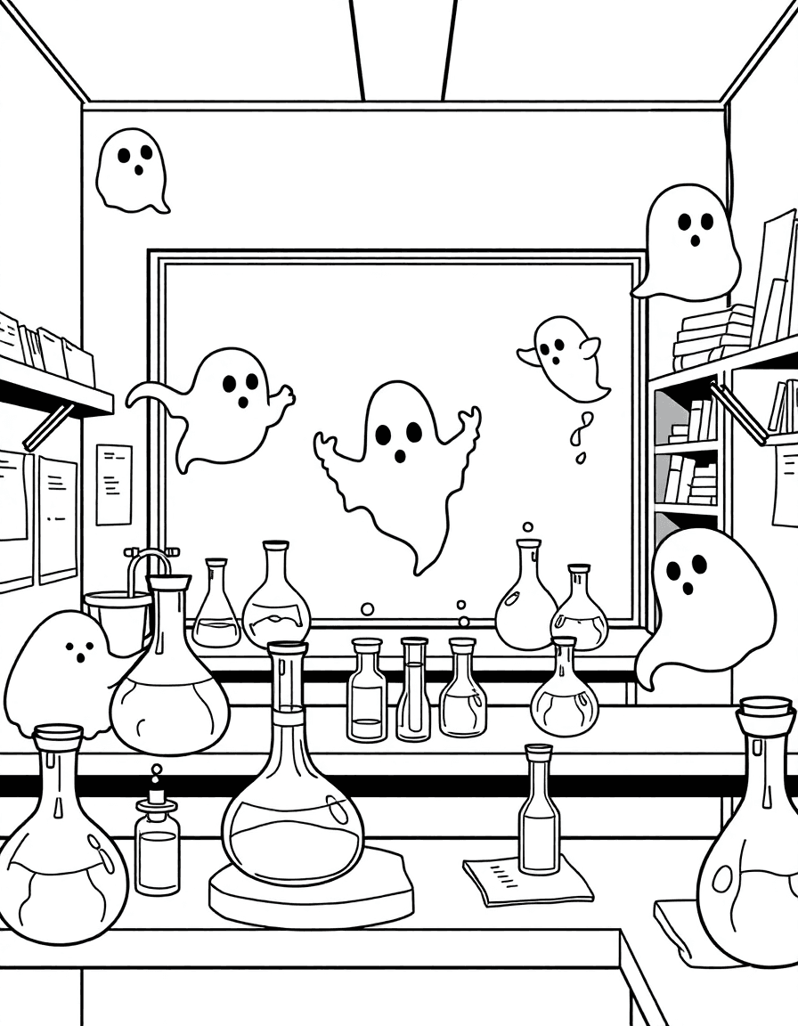 A school science lab where ghosts weave among test tubes and flasks as chalk notes linger on the board.